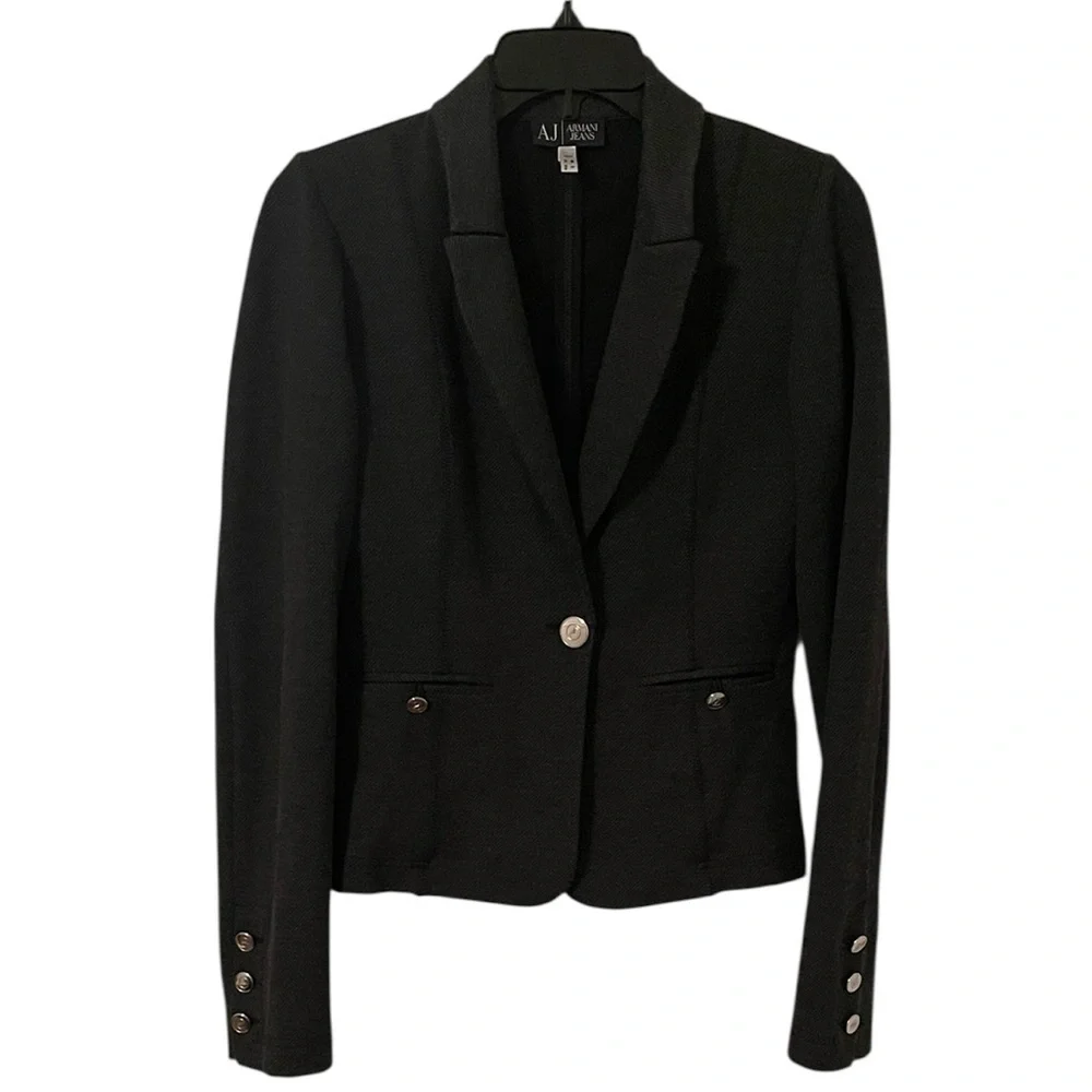 Armani Jeans Women’s Gray Black Herringbone One Button Two Pocket‎ Blazer Size S